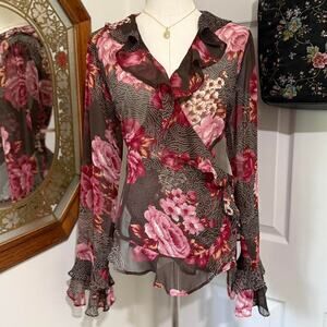 VTG 90s Lew Magram Dark Brown Sheer Mesh & Pink Floral Polka Dot Wrap Top